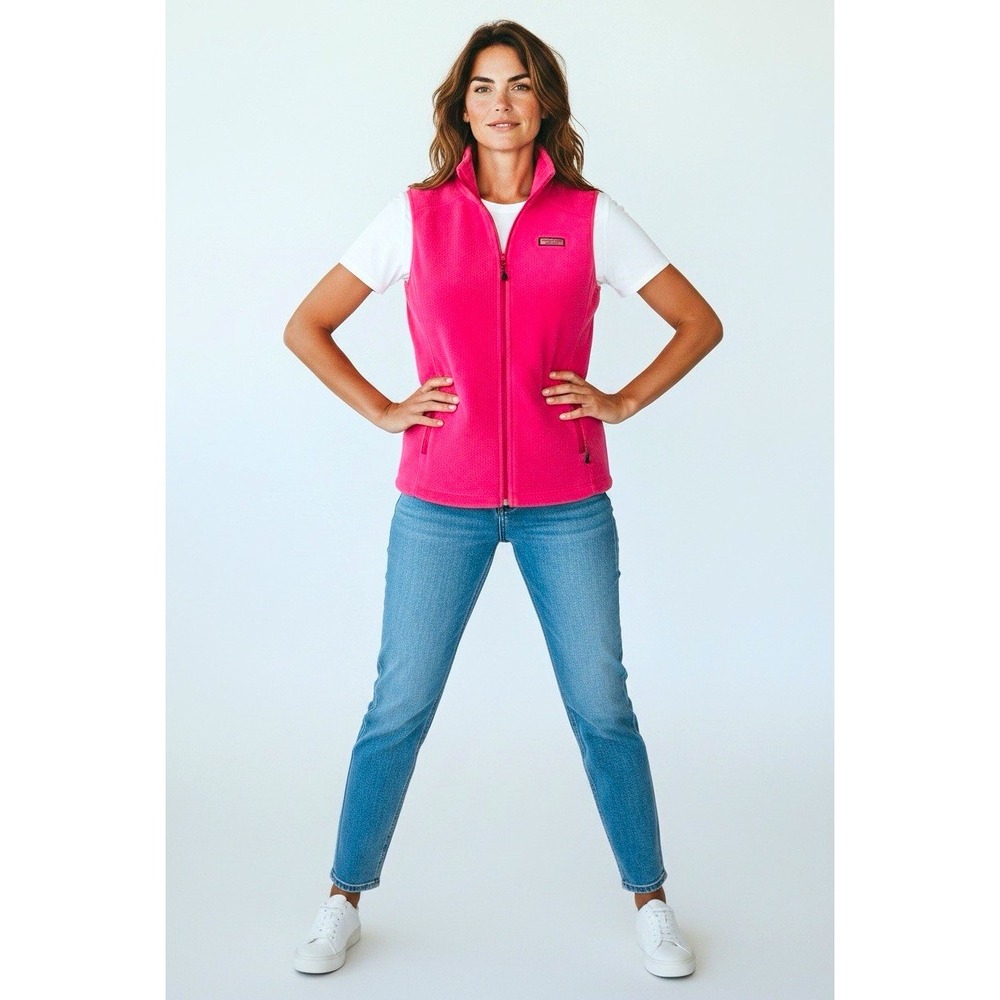 Vineyard Vines Womens Pink Full Zip Fleece Vest Sleeveless Pockets Logo Large